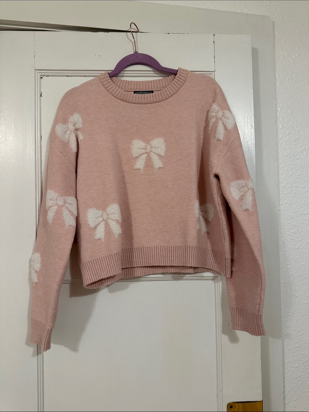 Harper Ivy Blush Pink Crewneck Sweater with White Bow Accents